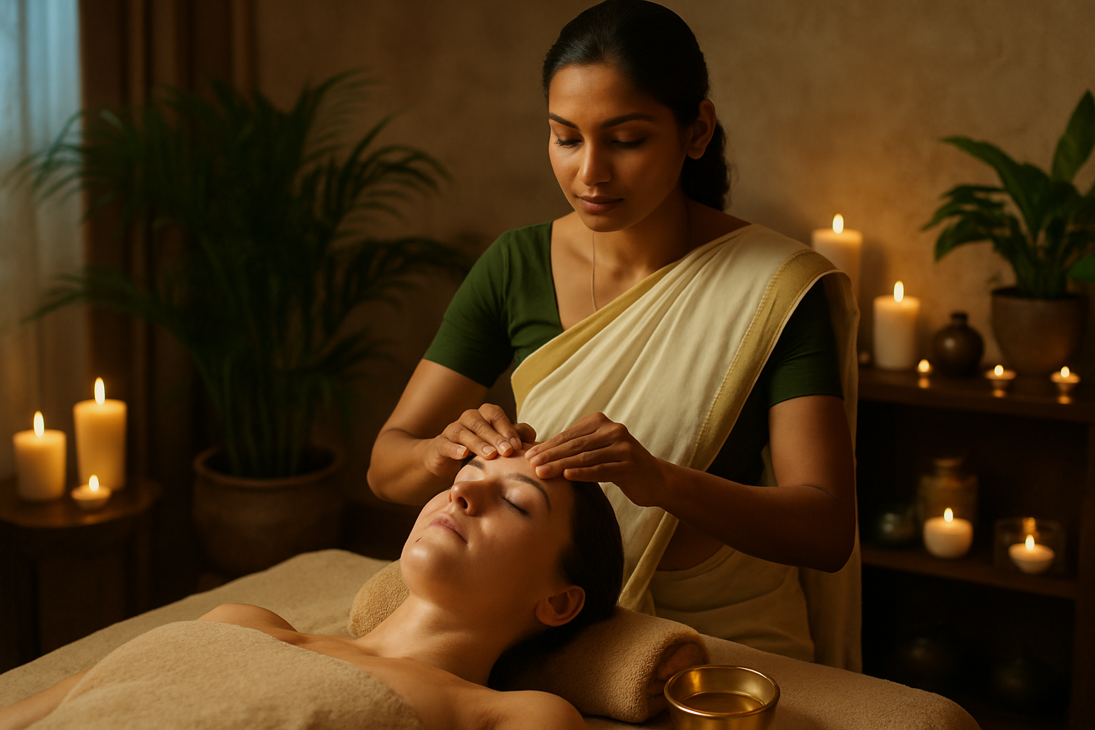 Masaje ayurvédico realizado por terapeuta profesional en ambiente relajante