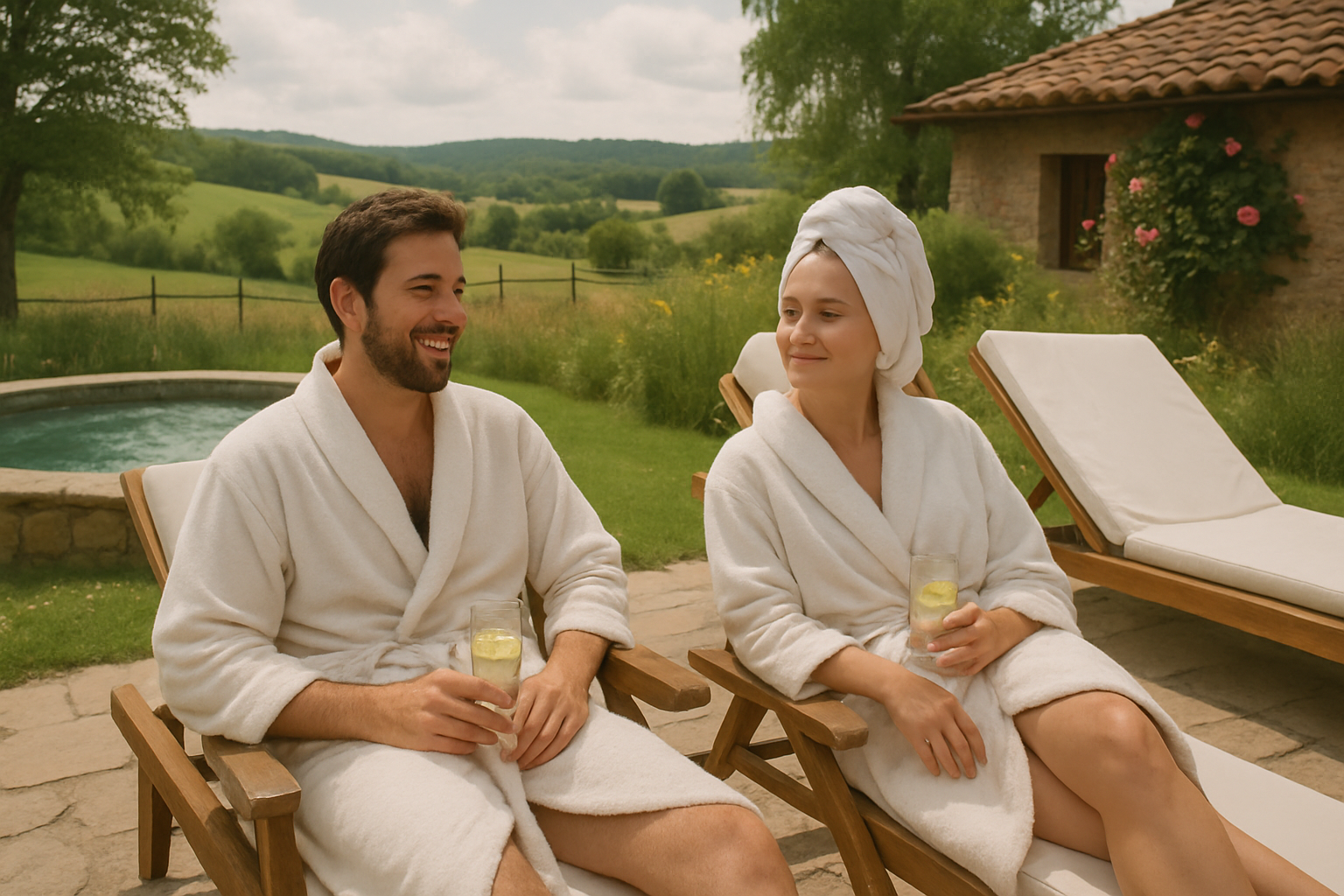 Pareja disfrutando de un día de spa campestre